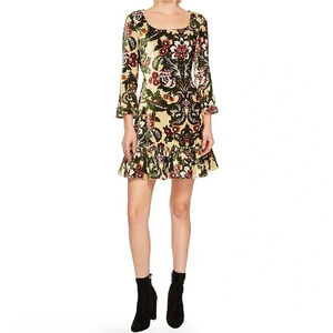 Jeremy Scott Velvet Floral Mini Dress Size 8 A Line Three Quarter Sleeve Ruffle
